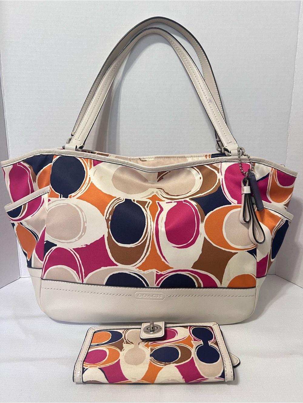 Coach Carrie Satin Scarf Print Leather Trim Colorful Tote Handbag Wallet F23277